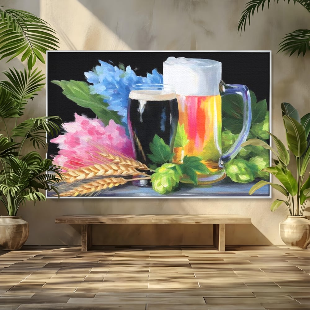 Tablou canvas cu tablou canvas cu bere si flori, in rama de aluminiu argintiu